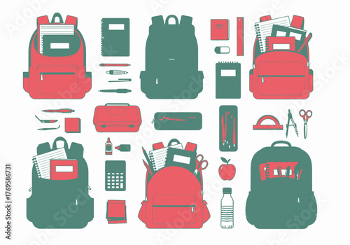 Red and Green Backpacks with School Supplies Flat Vector Illustration.