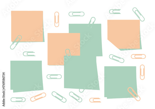 Scattered pastel peach and green sticky notes with colorful paper clips in a flat vector style.
