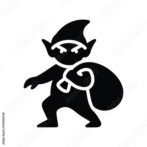 Mischievous elf character silhouette carrying a sack with subtle grin for holiday or fantasy concepts isolated on white background