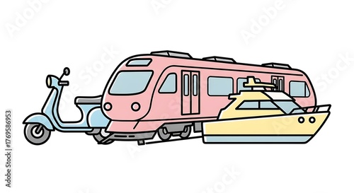 Diverse Transportation Methods - Scooter, Train, and Yacht Illustration.