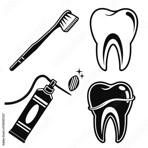 Set of black and white dental hygiene icons including a toothbrush toothpaste a dental mirror and two healthy teeth illustrations