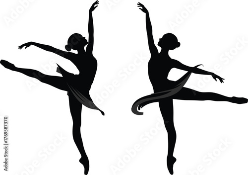 Ballet dancer silhouette vector illustration, black graceful pose icons, ribbon movement design, elegant dance artwork, performance posture graphic, white background
