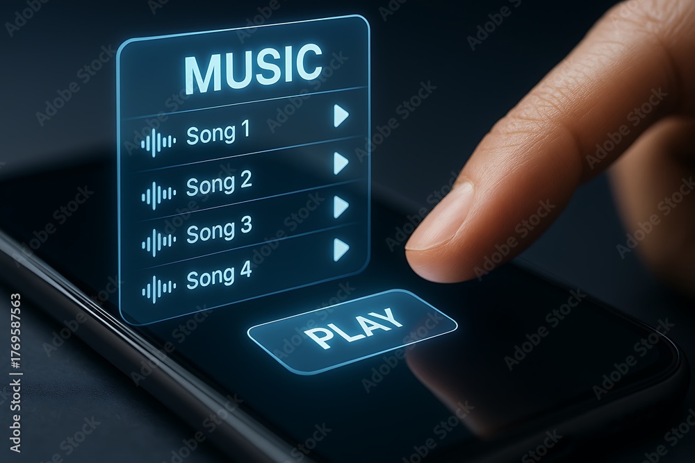 Obraz premium Finger Tapping Play Button on Futuristic Music Streaming App