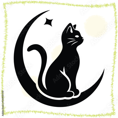Elegant black cat silhouette perched on a crescent moon gazing at a shining star surrounded by ethereal light and framed by a textured border design