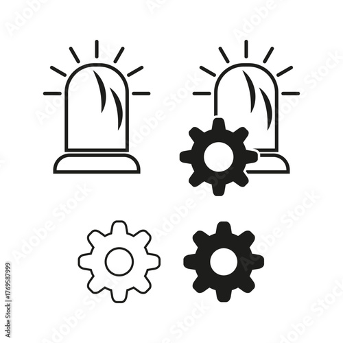Alarm siren icon. Gear setting symbol. Black white service. Vector police element.