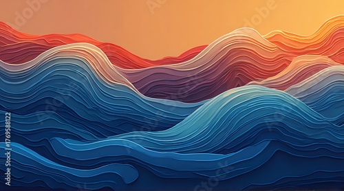 Abstract layered waves in vibrant colors of blue, red, and orange, perfect for modern art, design backgrounds, and creative projects
