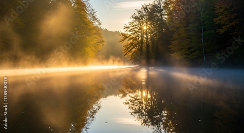 Golden Reflections - Serene Lake at Dawn with Sunlit Mist.
