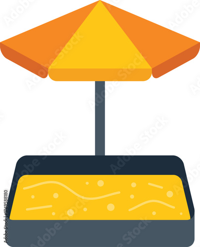 Sandbox with yellow umbrella protecting children from sun heat, ideal for playing in summer