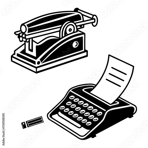 Vintage office supplies including a hole puncher a calculator with paper and a usb drive in a black and white illustration