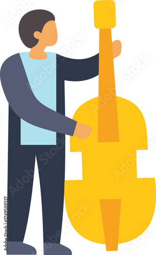 Musician standing and holding a double bass, minimalist vector illustration