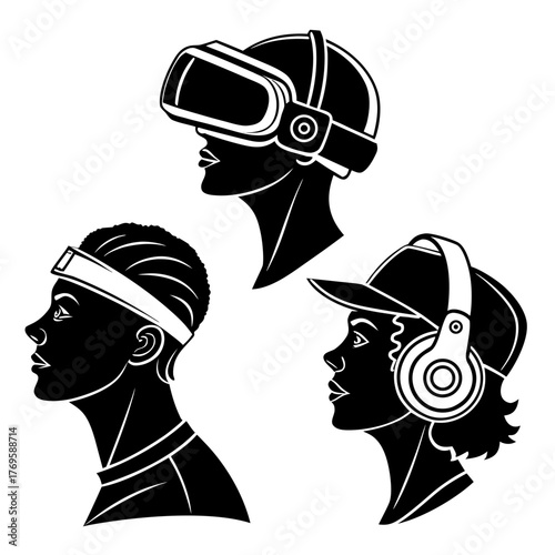 Diverse profiles of people wearing virtual reality headset headphones and headband representing modern technology and entertainment