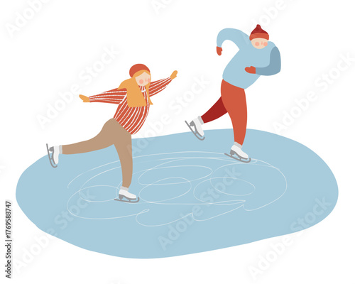Outdoor skating rink with people skating. Man and woman on the rink, vector flat illustration. Winter sport clipart isolated on white background