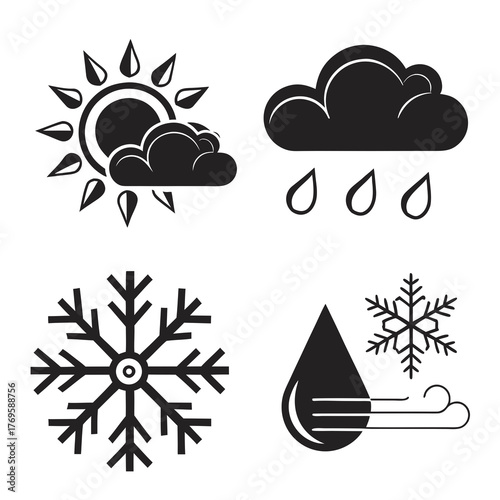 Collection of four distinct weather condition icons including sun with clouds rain snowflake and wind with water drop