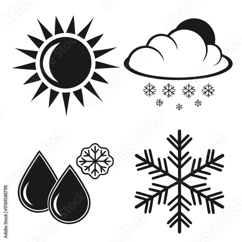 Collection of weather icons depicting sun snow falling from a cloud raindrops and snowflakes on a white background