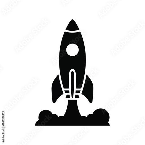 Bold silhouette of a rocket launching into space symbolizing startup growth and innovation isolated on white background