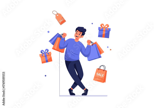 Happy cartoon man holding shopping bags surrounded by gifts and sale tags, enjoying a shopping spree.
