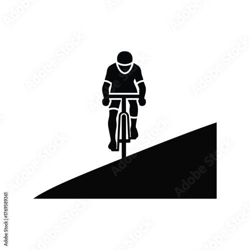 Cyclist ascending steep hill graphic icon silhouette minimalist sport activity isolated on white background