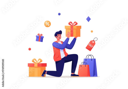 A man is kneeling and holding a gift box, surrounded by shopping bags and sale tags, representing the joy of receiving gifts and shopping.