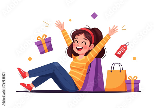 A cheerful woman celebrating successful shopping with gifts and sale items.