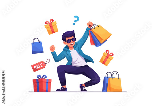 Excited man with shopping bags and gift boxes, celebrating a successful shopping spree with a sale tag.