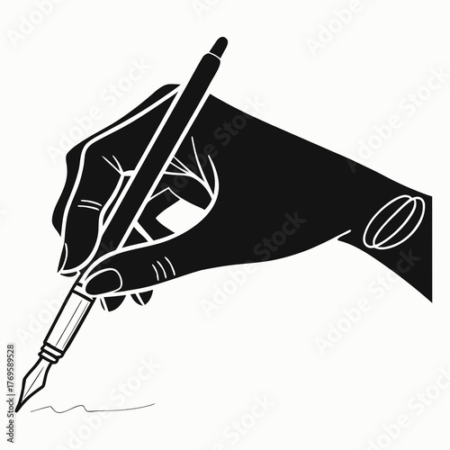 Stylized black silhouette of a hand holding a fountain pen and writing on a white background with a subtle coffee bean design on the wrist