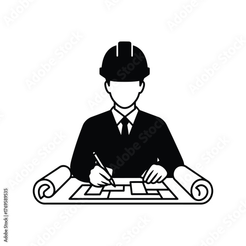 Architectural blueprint design engineer working with plans and hard hat symbolizing construction project development isolated on white background