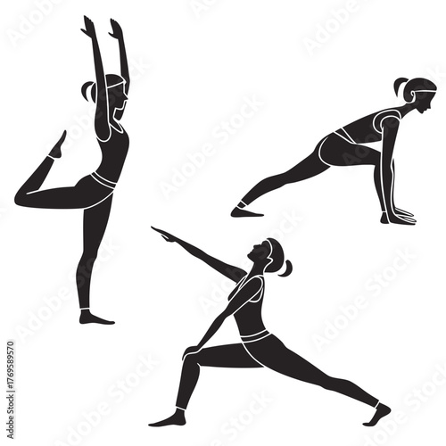 Set of three stylized black silhouettes of women performing different yoga poses and stretching exercises on a white background