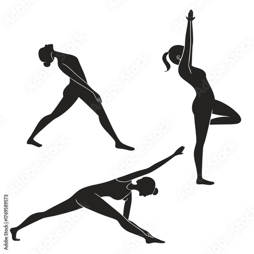 Three stylized black silhouettes of women performing various yoga poses on a white background