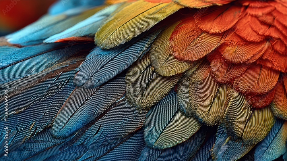 Obraz premium Colorful feathers shimmer with shades of blue green and orange showcasing natures beauty up close.