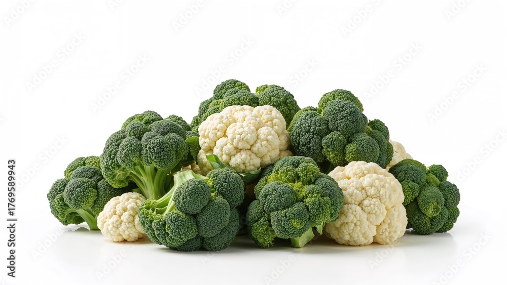 Obraz premium Heap of broccoli and cauliflower isolated on background.