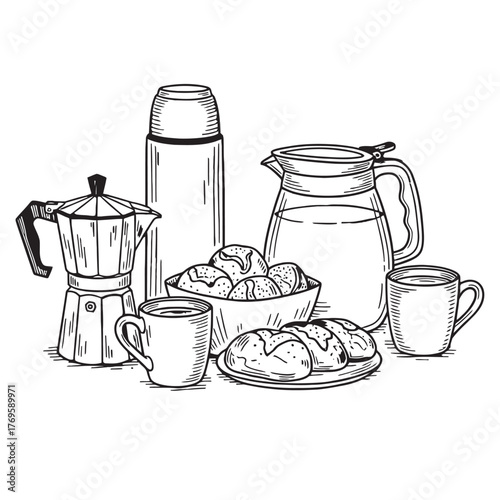 Hand drawn sketch of a breakfast spread featuring a moka pot croissants coffee cups and a pitcher of milk