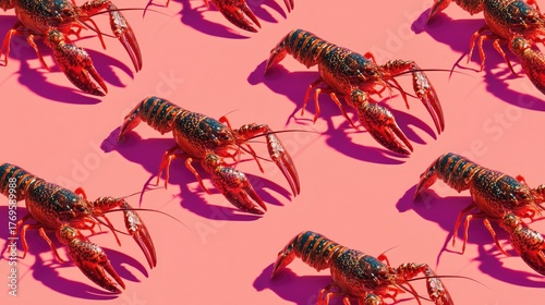 Vibrant Red Crayfish Pattern With Bold Shadows On Pink Background, Stylish Seafood Design Ideal As Wallpaper, Poster, Banner For Art, Graphic And Creative Projects