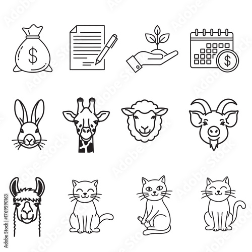 Collection of hand drawn icons representing finance agriculture and animals in a grid layout