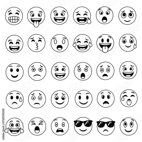 Collection of hand drawn sketch style emoticons expressing various emotions and feelings
