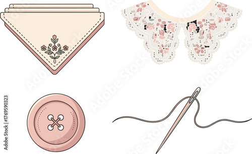 Sewing items: lace collar, handkerchiefs, button, needle and thread