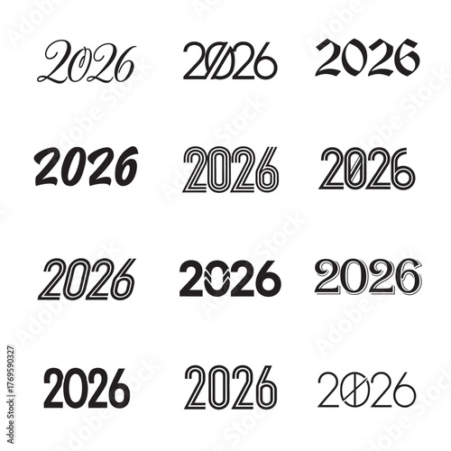 Collection of twelve distinct stylized typography designs featuring the year 2026 in black and white