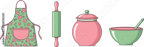 Baking Utensils: Apron, Rolling Pin, Jar, and Bowl