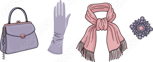 Vintage fashion accessories: handbag, gloves, scarf, brooch