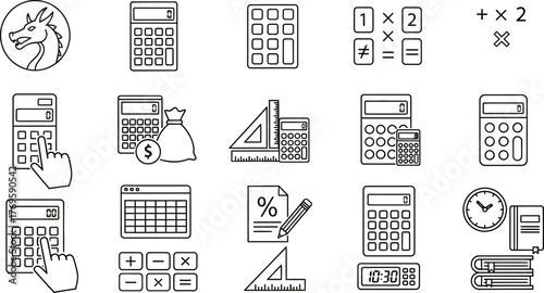 Collection of calculator and math related icons in green and gray