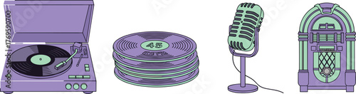 Retro music icons: turntable, vinyl records, microphone, jukebox