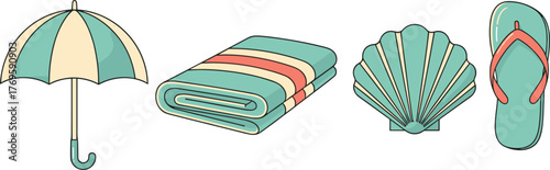 Beach accessories set: umbrella, towel, seashell, flip-flop