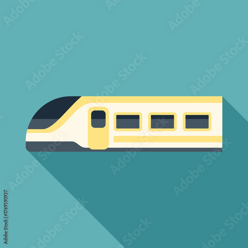 Side view of a sleek, modern high speed train, highlighted by a long shadow on a teal background