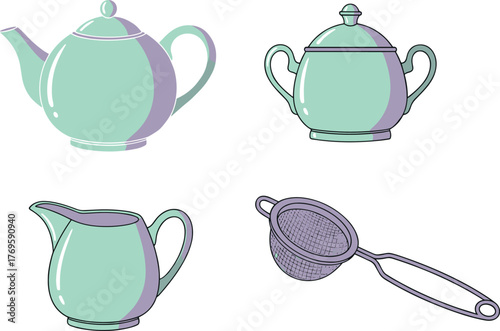 Tea Set Collection: Teapot, Sugar Bowl, Creamer & Strainer