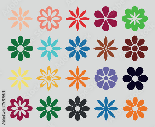 Collection of Colorful Flower Shapes Isolated on Pale Background