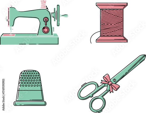 Sewing machine, thread, scissors, and thimble illustration