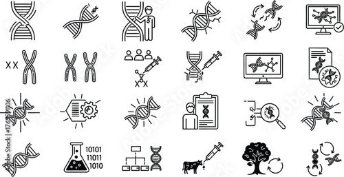 Collection of dna and genetic engineering related icons in black outline