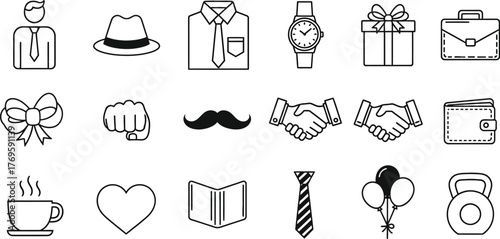 Collection of various line art icons representing gifts and masculine items