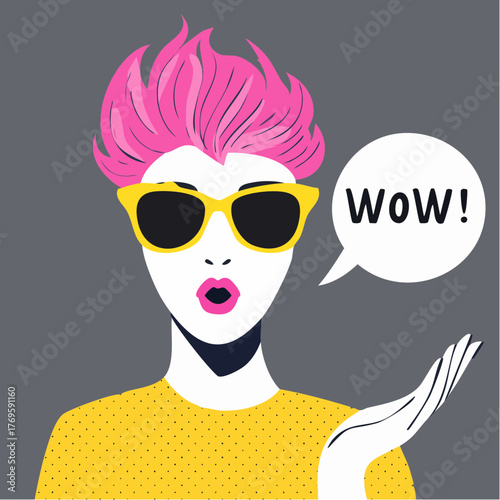 pop-art astonished portrait with neon hair and polka-dot top; surprised character vignette with yellow shades and speech bubble.