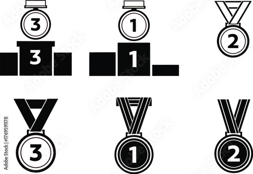Illustration of first second and third place medals and podiums set