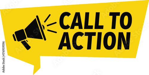 Yellow banner with call to action text and megaphone graphic element